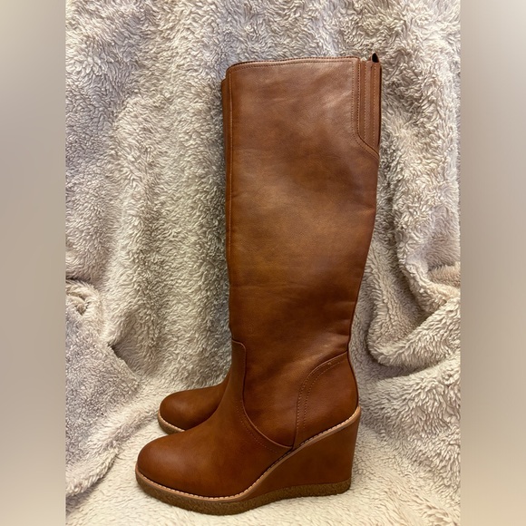 NWOT Zodiac Boots Women's 8 Cognac Iggy Knee High Wedge Side Zipper Almond Toe - Picture 4 of 12
